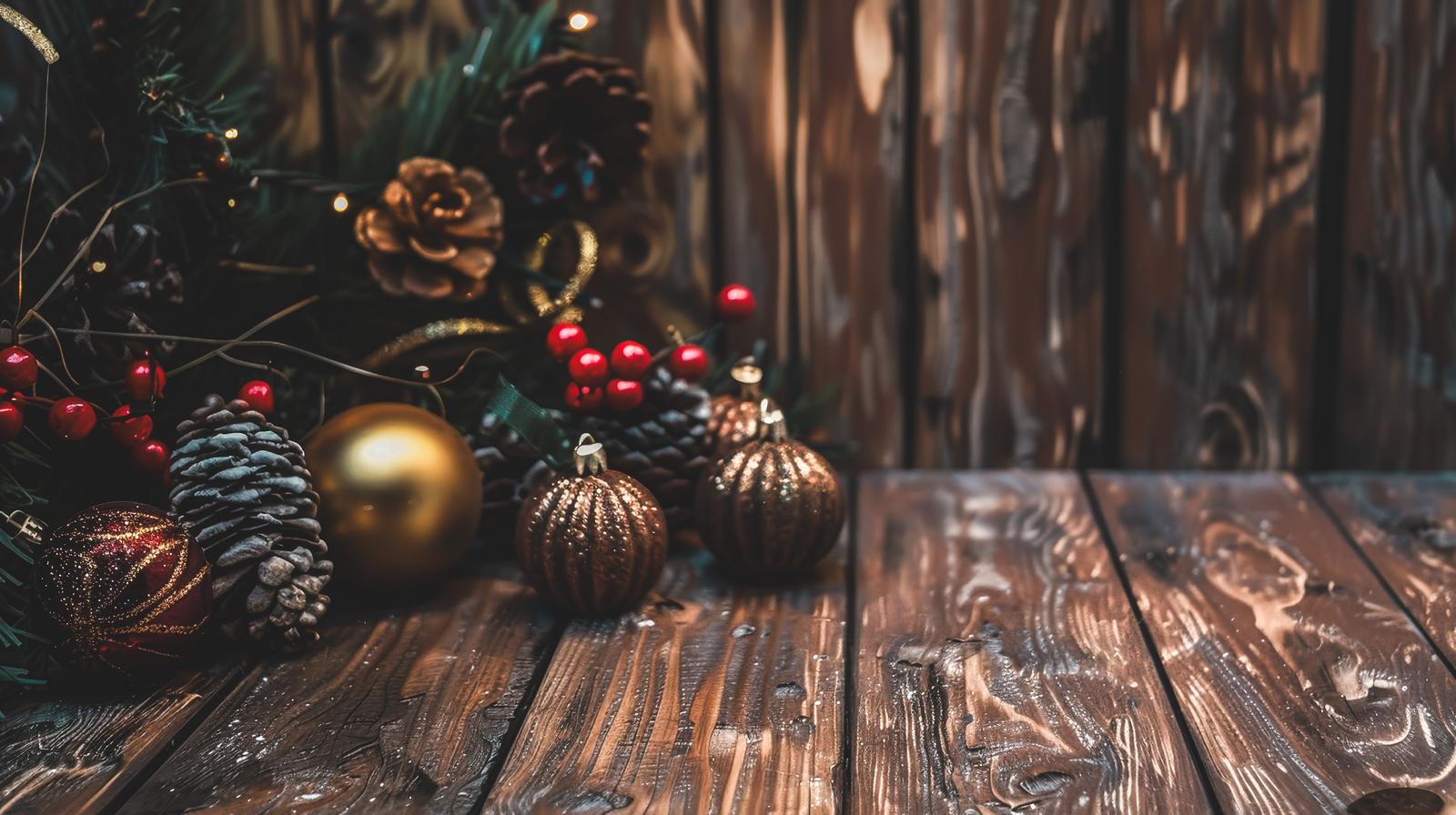 木目テーブルの上に置かれたゴールドと銅色のクリスマスオーナメント、赤い実、松ぼっくりの装飾