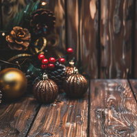 ウッディなテーブルに飾るクリスマスオーナメントと装飾の写真
