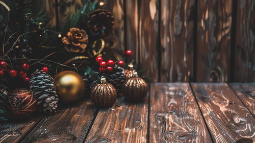 ウッディなテーブルに飾るクリスマスオーナメントと装飾