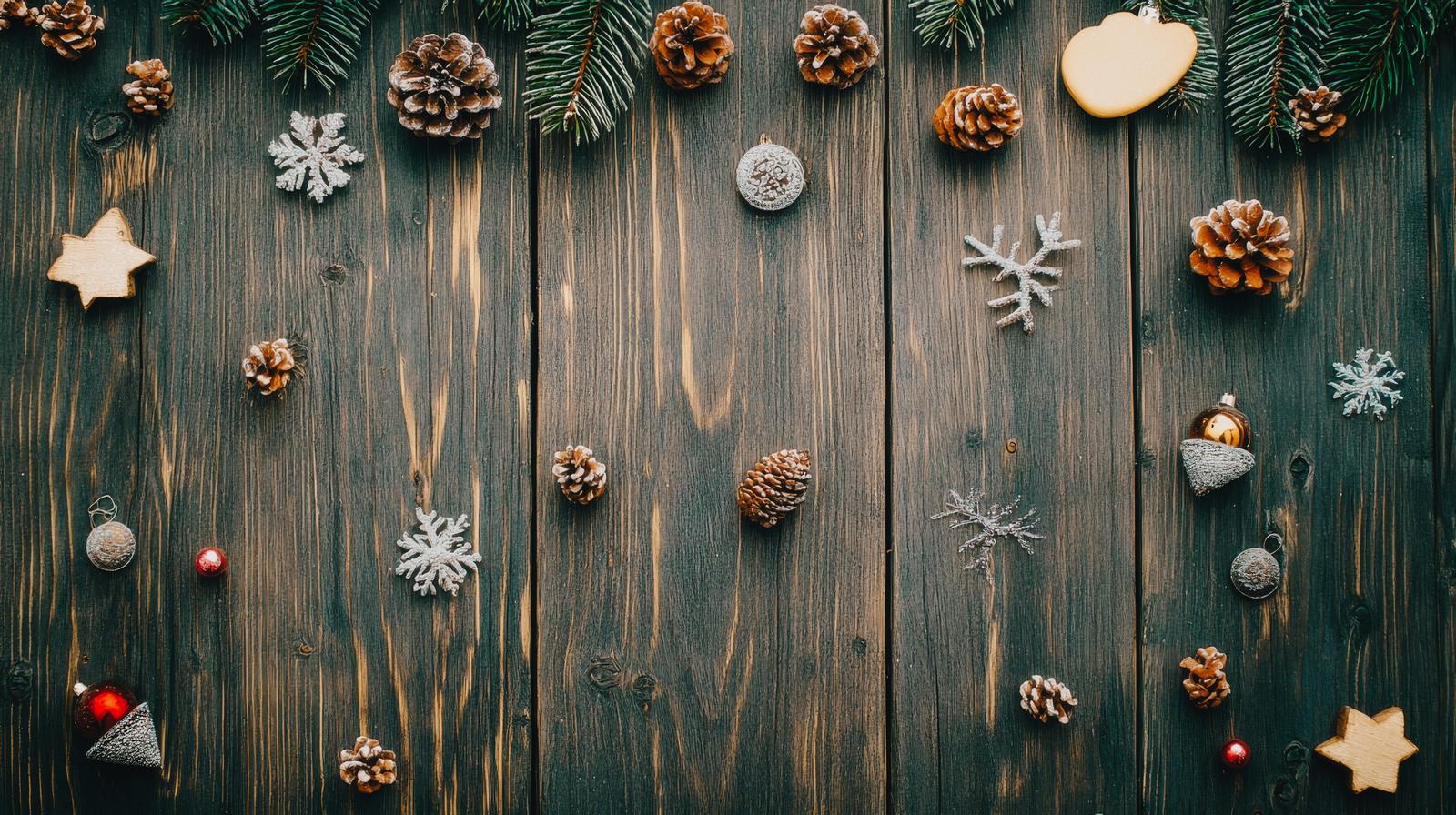 木目の板に並んだクリスマス飾り