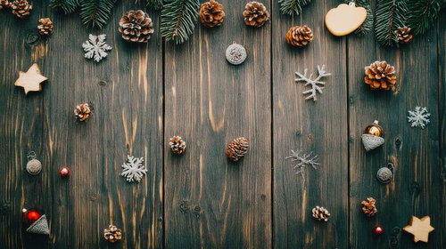 素朴な木の板に散りばめられた、きらびやかなクリスマスの飾り