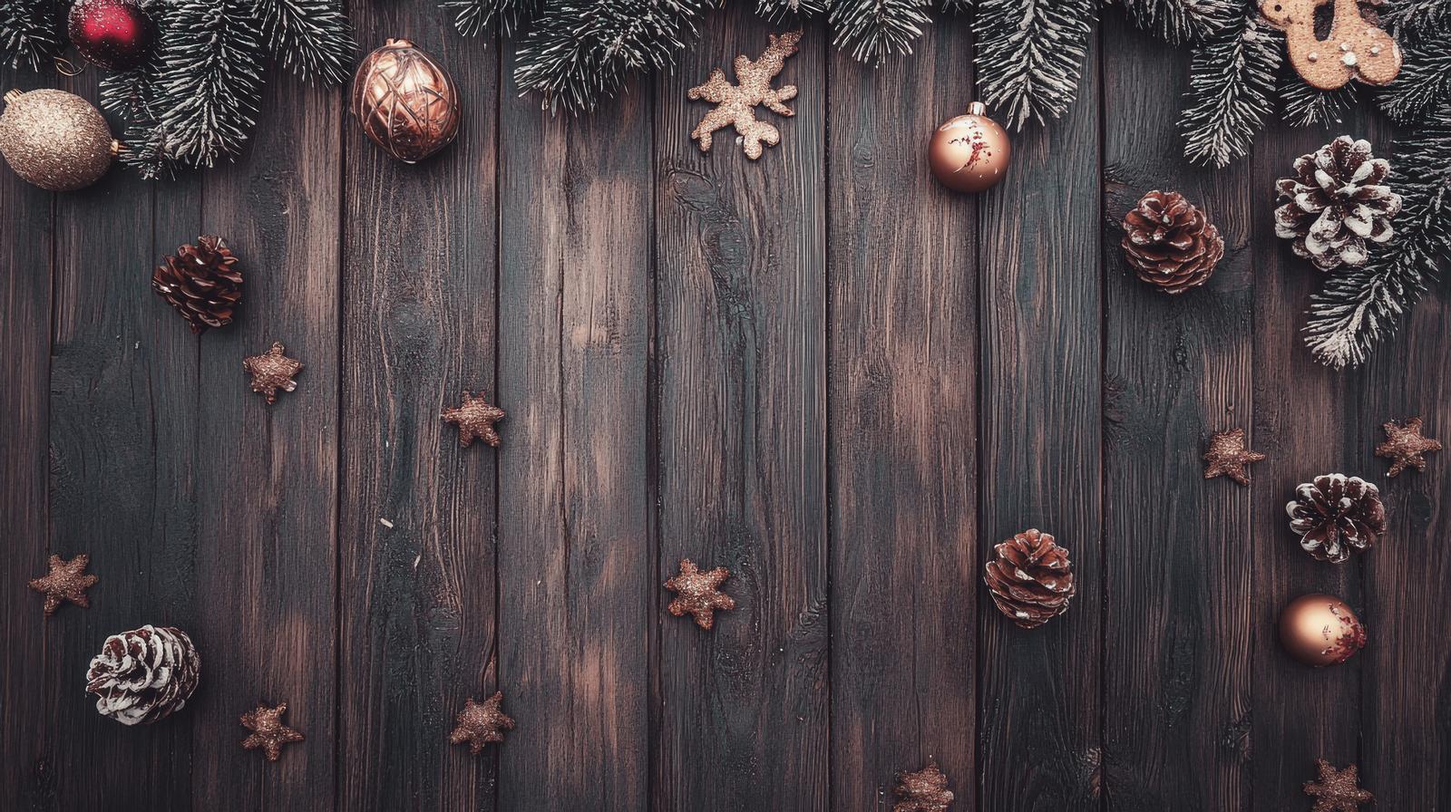 黒い木製テーブルの上に配置されたクリスマスオーナメントと松ぼっくいの装飾