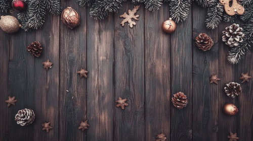 古びた木製の台の上に広がるクリスマスオーナメントと飾り