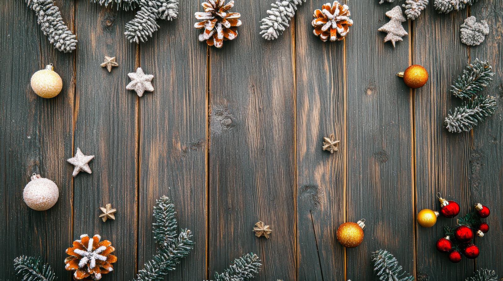 木目板の上に配置されたクリスマスオーナメントと松ぼっくりの装飾