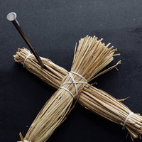 右腕に五寸釘を刺した藁人形の呪い、黒背景で撮影した復讐と怨念の象徴の写真