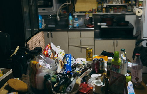 空き缶やゴミが散乱した汚部屋のキッチン