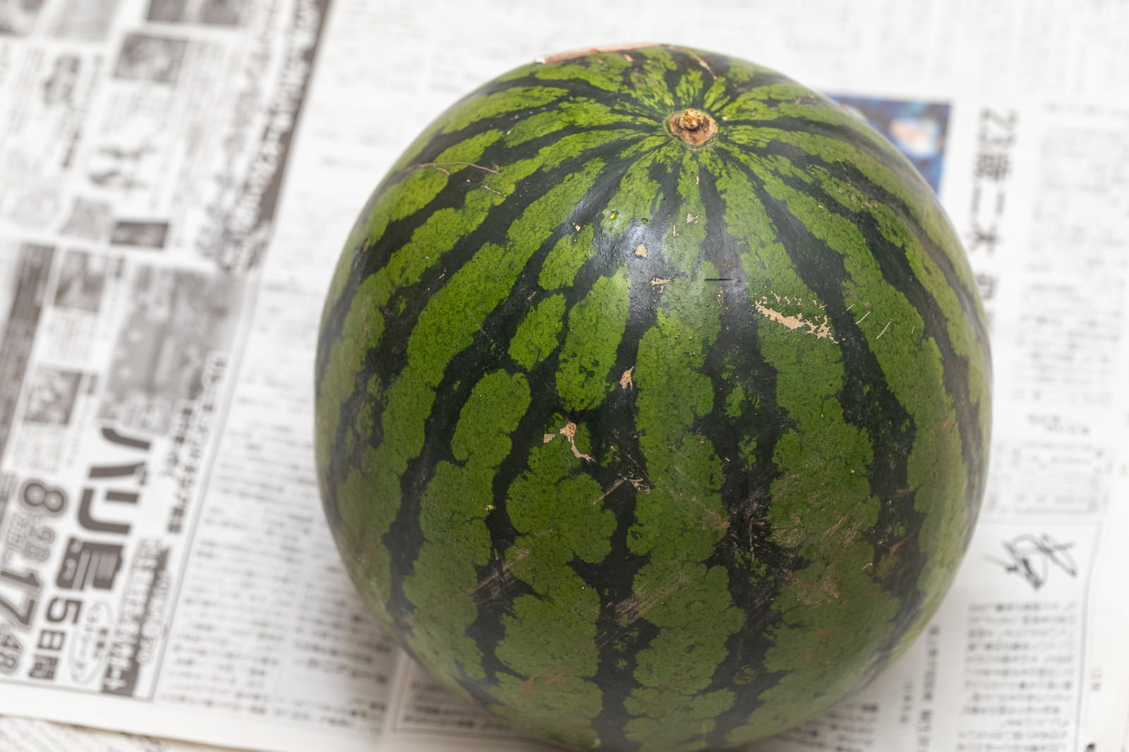 新聞紙の上に置かれた緑色で縞模様の丸いすいか