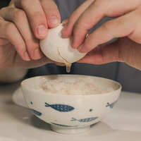 割れかけの卵を落とす卵かけご飯、白米の上に卵を割り落とす瞬間の写真