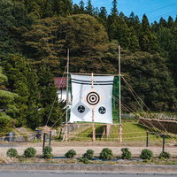 古殿八幡神社例大祭で行われた流鏑馬の的と競技の様子の写真