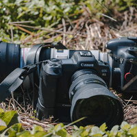 野外で地撮り中のCanon EOS R5と望遠レンズの写真