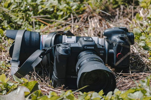 野外で地撮り中のCanon EOS R5と望遠レンズ
