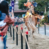 古殿八幡神社の流鏑馬で馬上から疾走する射手の写真