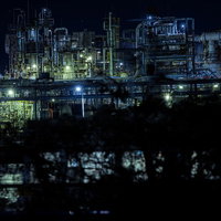 木々の陰から浮かび上がる工場夜景、パイプラインと配管が水面に反射の写真