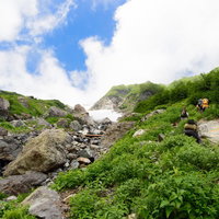 大雪渓を超えて白馬岳山頂を目指す登山者達の写真