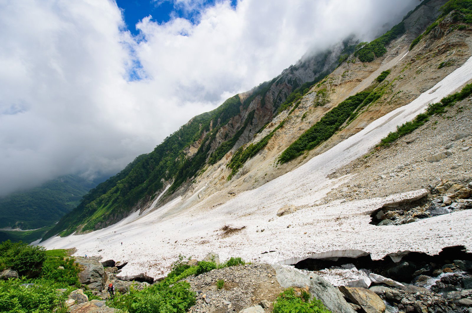 白馬大雪渓の急斜面を登る登山者