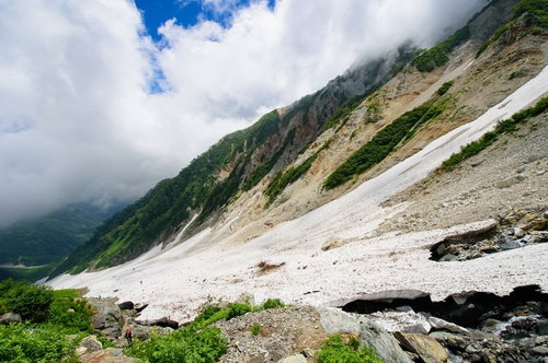 白馬岳・白馬大雪渓の急な傾斜と登山道の風景