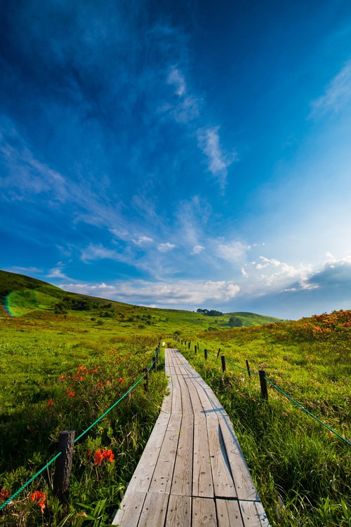 空が広い標高2000mのハイキングコース、車山高原の遊歩道
