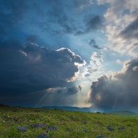 霧ヶ峰の蝶々深山で見る夕方の高原風景と青空の写真