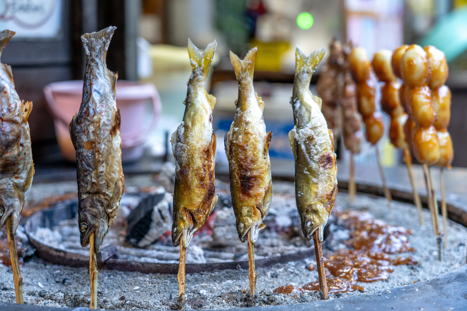 炭火コンロに放射状に立つ鮎の塩焼き串