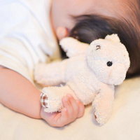 ぬいぐるみをギュッとつかむ赤ちゃんの把握反射の写真