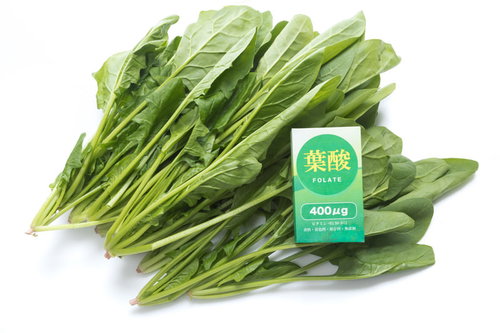 ほうれん草と葉酸サプリメント 新鮮な緑野菜と栄養補助食品