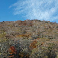 秋の山の紅葉と晴れた青空の写真