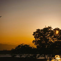 夕暮れの木曽川と赤く染まる空を行く訓練中のC-1輸送機のシルエットの写真