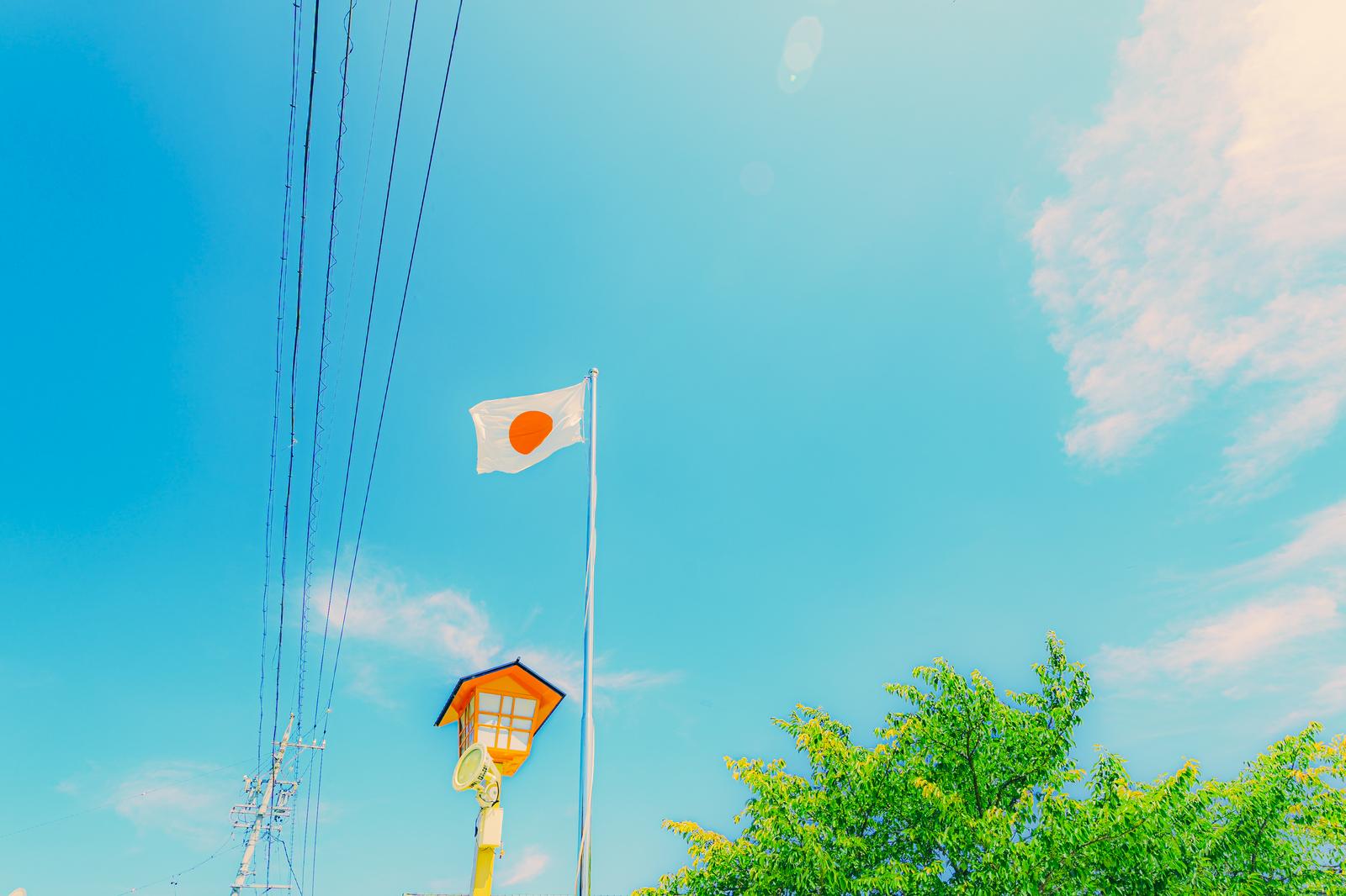 青空になびく日本国旗と電線、街灯、緑の木々