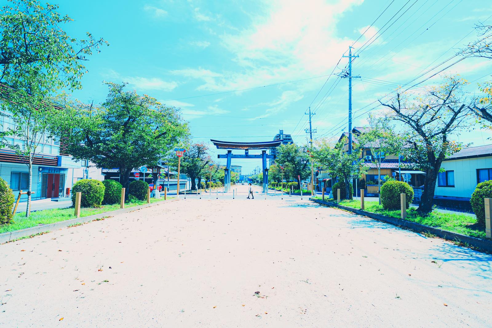 View of the blue large torii gate and power pole on the approach of a residential area