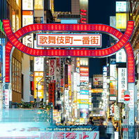 夜間に輝く歌舞伎町一番街の商店街ネオン看板の写真