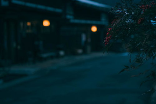 夕闇に染まる南天と古い街並みの夜道～妻籠宿の夜景
