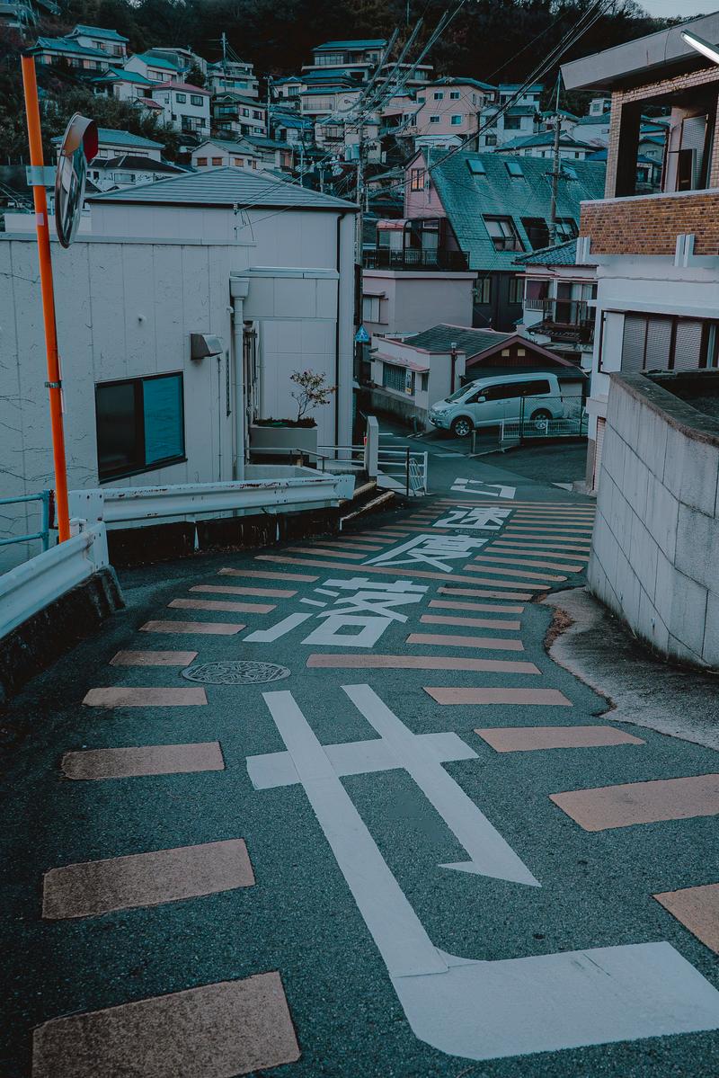 緑色の屋根の家々が両側に立ち並ぶ下り坂の路地。白とピンク色の石畳が敷かれている。