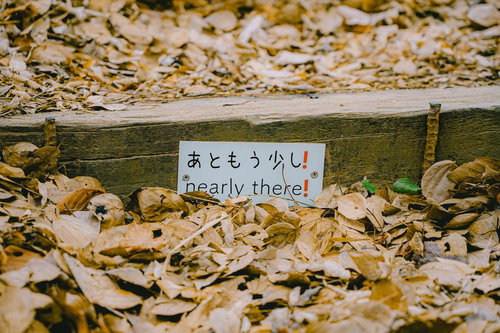 長い階段に置かれた励ましの言葉の標識と秋の落ち葉