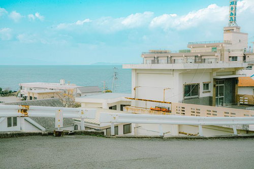 丘の上から見渡す和歌山・雑賀崎の港町と住宅密集地の風景
