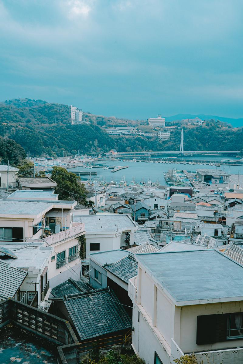漁船が停泊する青い海と丘に密集する白い住宅地が並ぶ港町