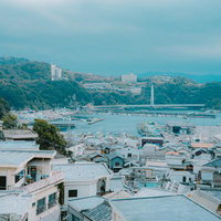丘の上から見下ろした雑賀崎の住宅街と港町の海の写真