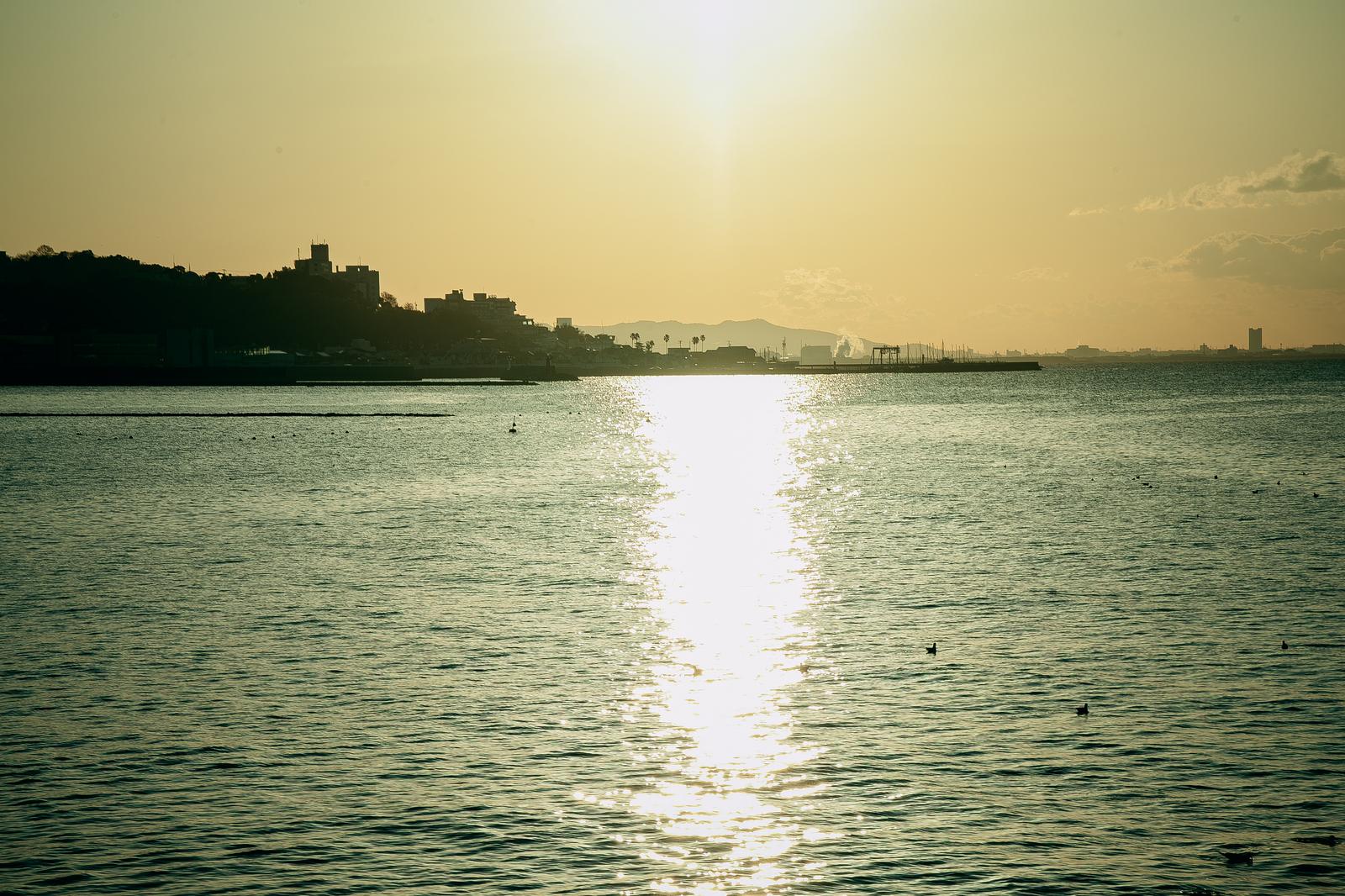 夕陽が沈み、光が水面に伸びる港町の風景