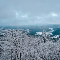 霞んだ山々が連なる冬景色の写真