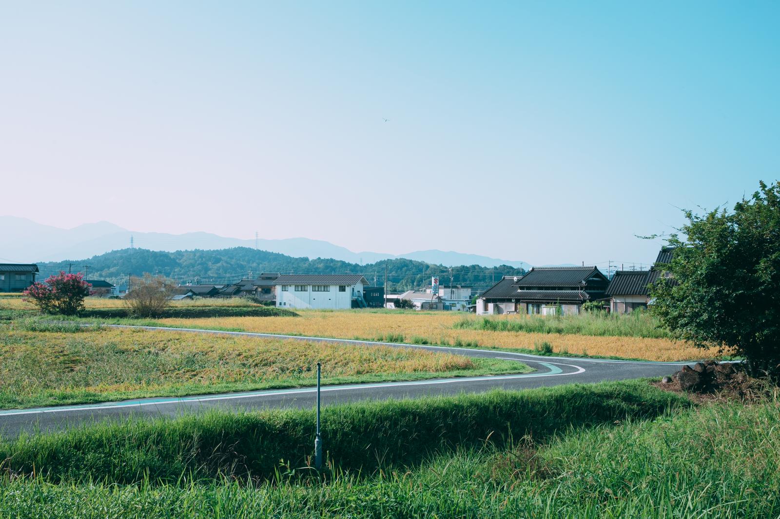 田畑の中を通る道路沿いに農家が建ち、背景に山々が見える田舎の集落