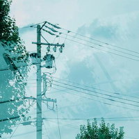 ガラスに反射する電信柱と複数の電線がある都市風景の写真