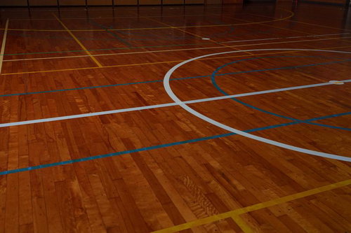 体育館のバスケットボールコートの木製フロアと白・青のラインマーク