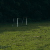 薄暗い森を背景にした芝グラウンドのサッカーゴールの写真