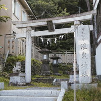 石段の上に立つ温泉神社の白い鳥居と参道を行く参拝客の写真