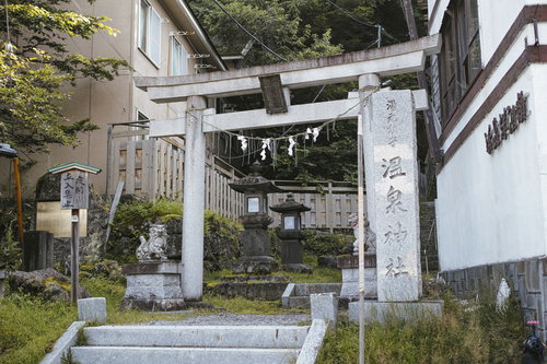 石段の上に立つ温泉神社の白い鳥居と参道を行く参拝客