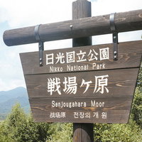 日光国立公園の戦場ヶ原を示す木製看板とハイキングコースの写真