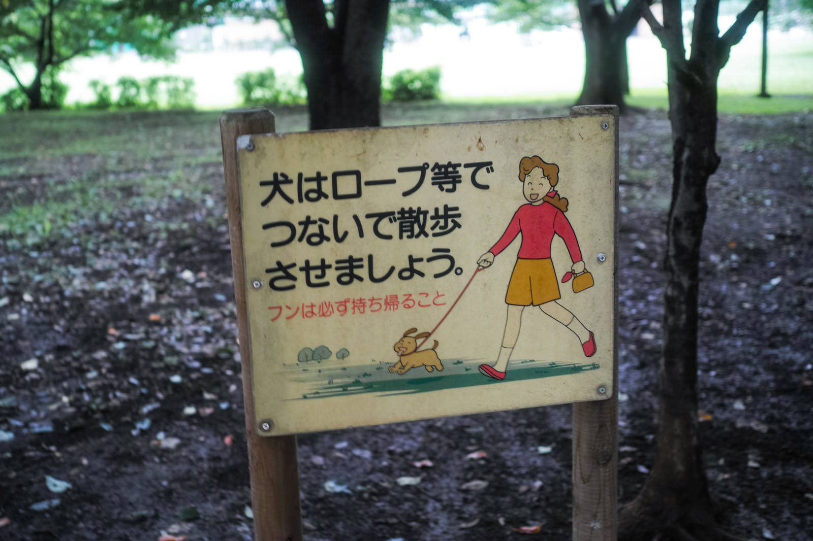 公園に設置された犬の散歩マナーを呼びかける木製看板