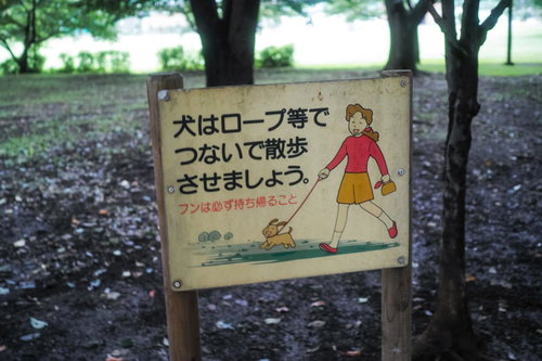犬はロープ等でつないで散歩させましょうと記載された公園の看板
