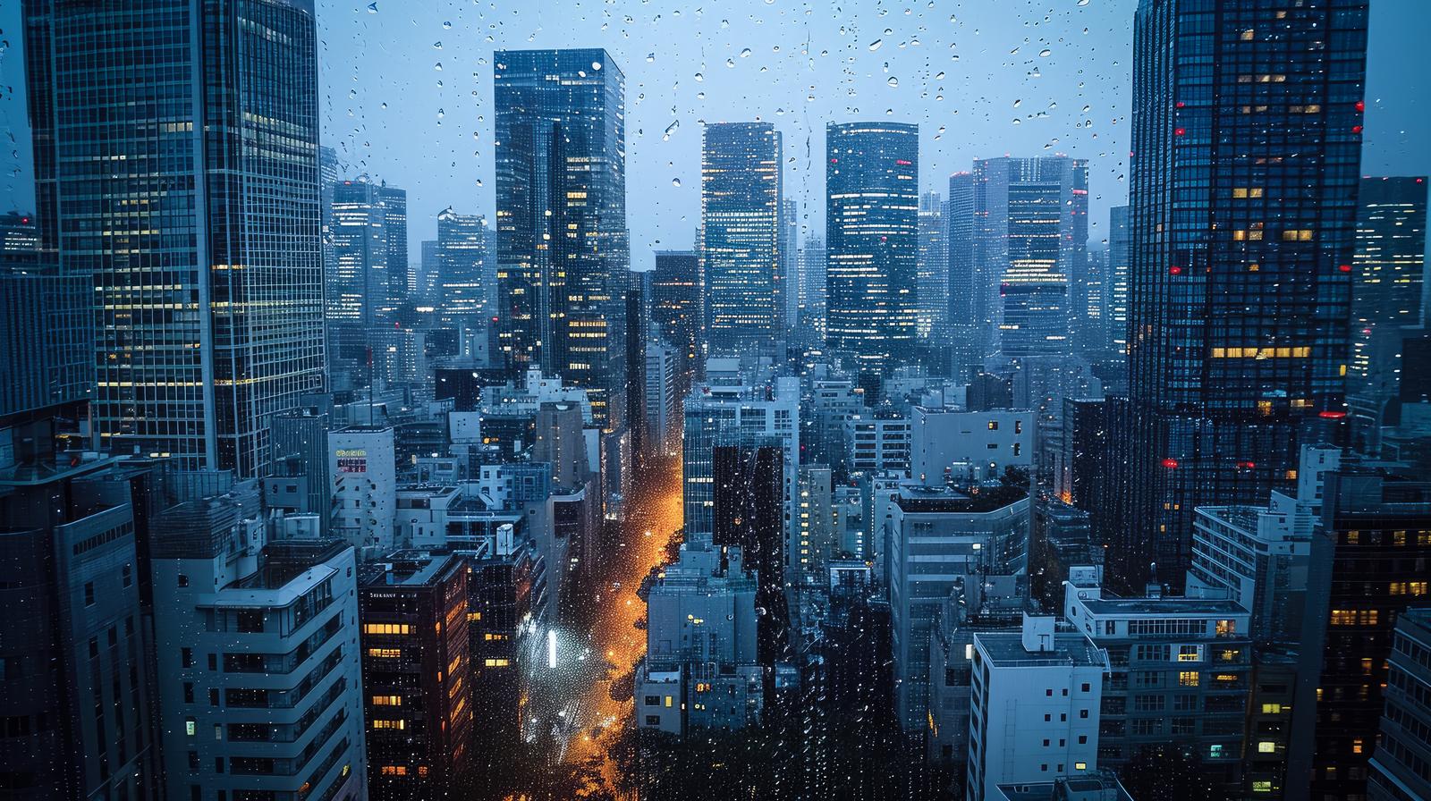 雨に濡れたガラス越しに見える夜の大都市、明かりが点く高層ビル群