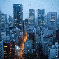 雨の中のメトロボリス、夜間に輝くビル群と都市風景の写真