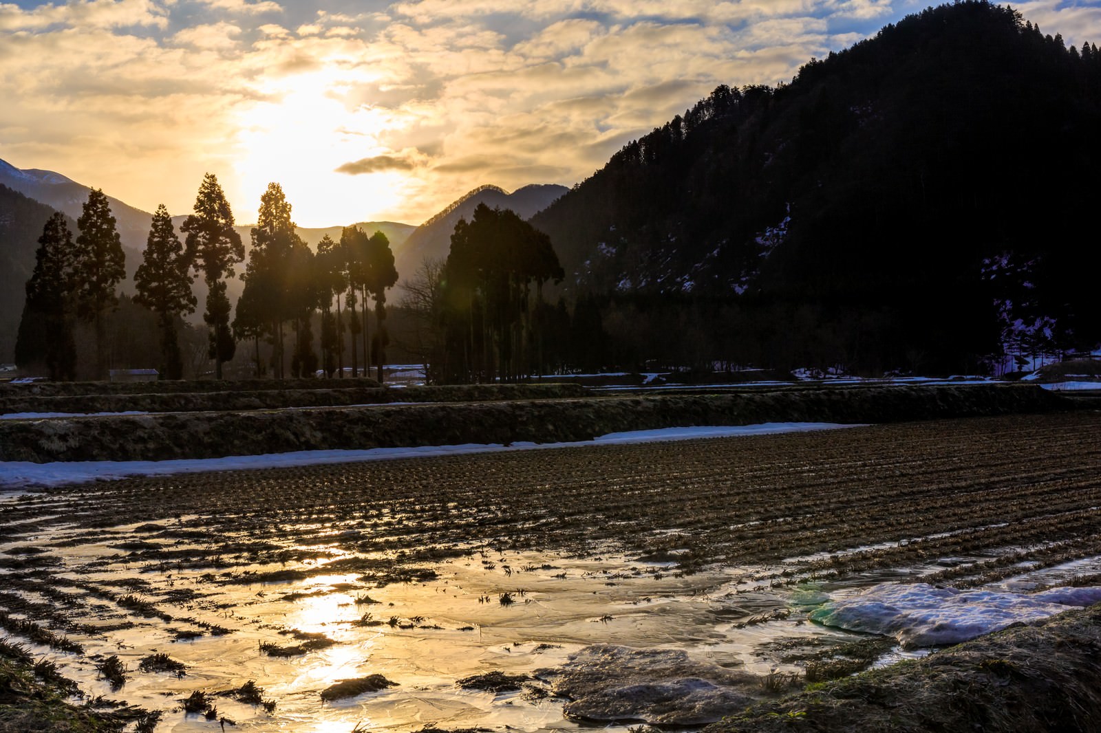 夕焼けに照らされた雪解け水が流れる山里の田んぼの風景